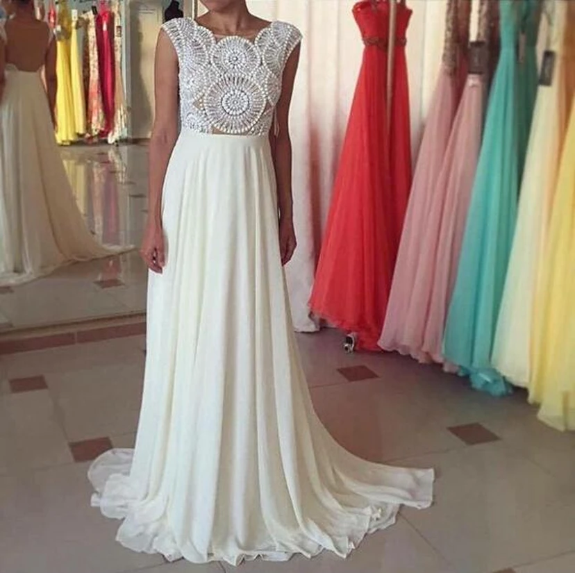 Newest Pearls Chiffon A-line Prom Dress Cap Sleeve Sweep Train view 2