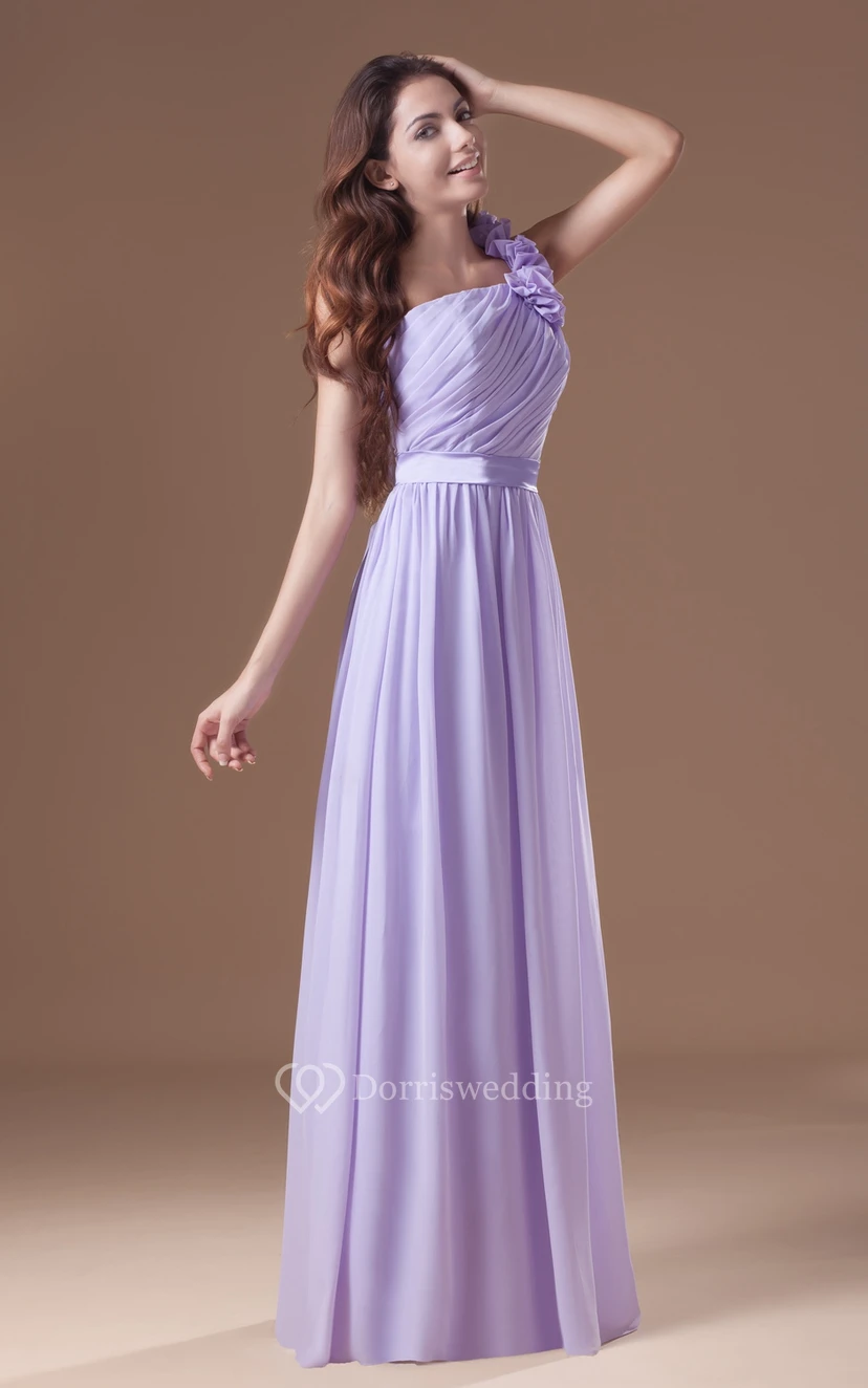 Ruched Floor-Length Chiffon Dress With Floral Strap view 4