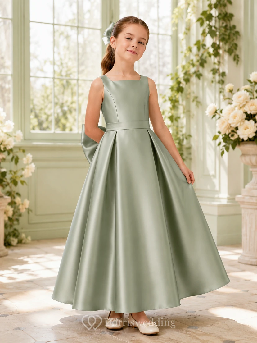 Ärmelloses, wadenlanges Gartenkleid aus salbeifarbenem Satin mit Schleife in A-Linie für Blumenmädchen