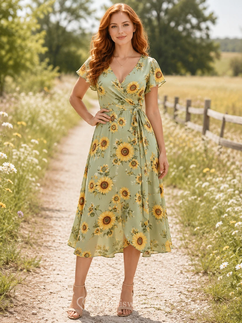 Sage Sunflower Print V-Neck Wrap Garden Midi Dress