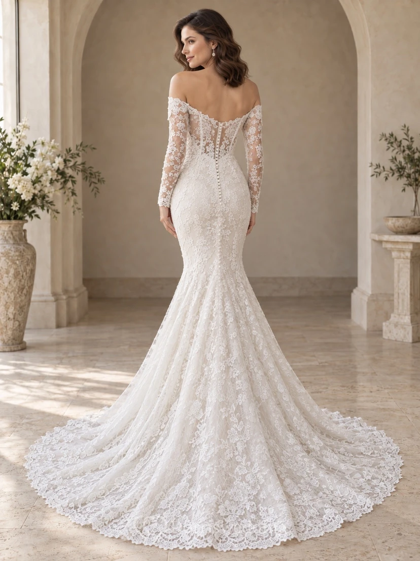 Vestido de novia de sirena de manga larga, hombros descubiertos, encaje floral, ajustado y con borde festoneado. view 2