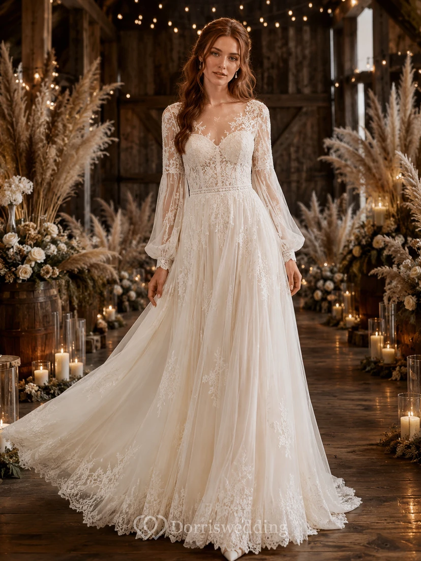 Long Sleeve Lace Rustic Barn Train Bridal Gown
