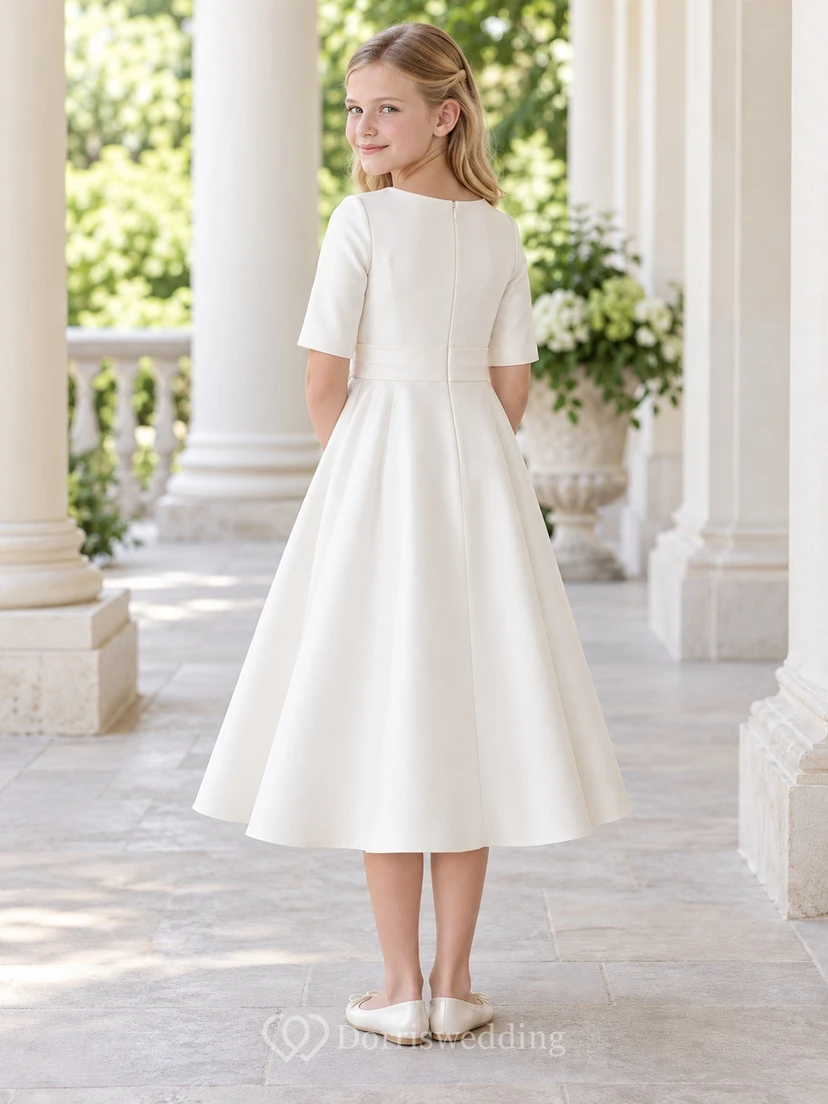 Simple Modest Ivory Tea-length Elbow Sleeve Side Rosette Draped Tail Flower Girl Dress
