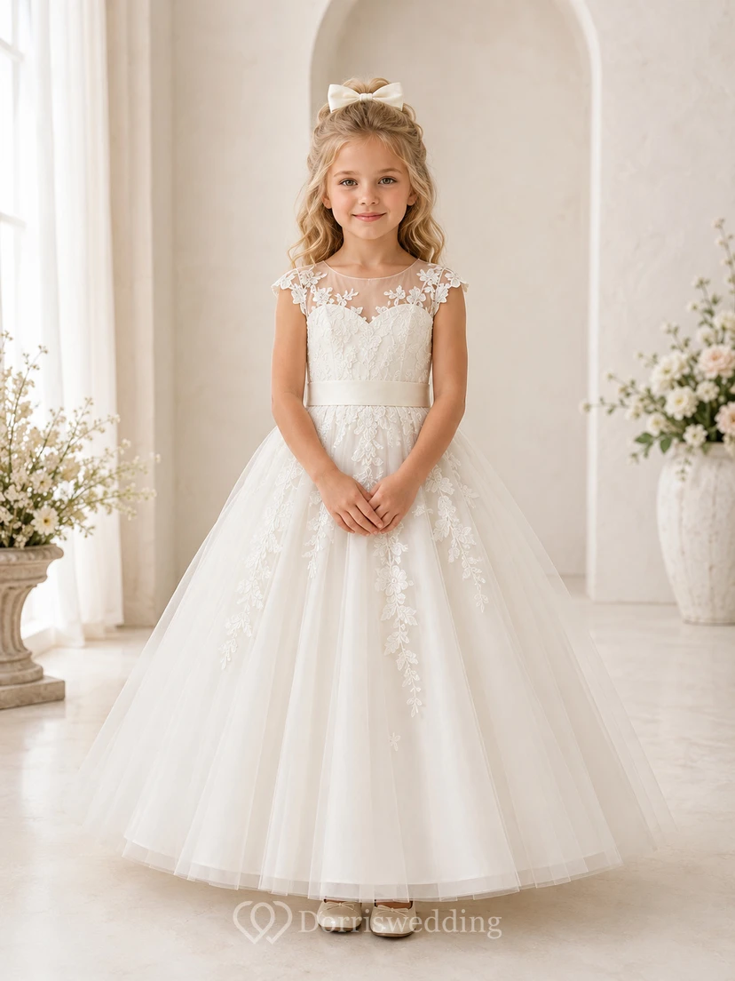 Boho-Spitzenkleid mit Tüllrock, A-Linien-Schnitt, kurzen Ärmeln, Rundhalsausschnitt und bodenlangem Rock für Blumenmädchen.