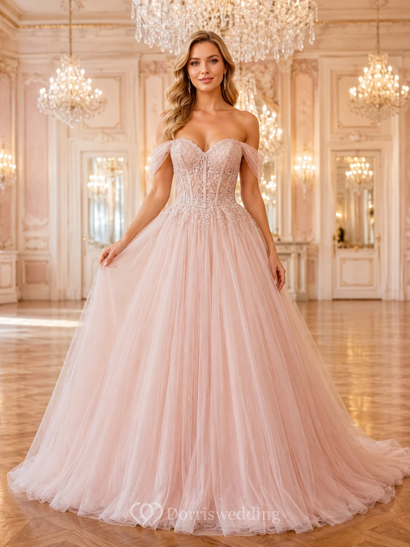 Blush Strapless Sweetheart Tulle Ball Gown With Lace Bodice