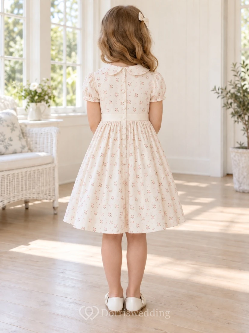 Modest Simple Ivory Knee-length Peter-Pan Collar Short Ruffled Puff Sleeves Rosebud-Print A-line Flowergirl Dress view 2