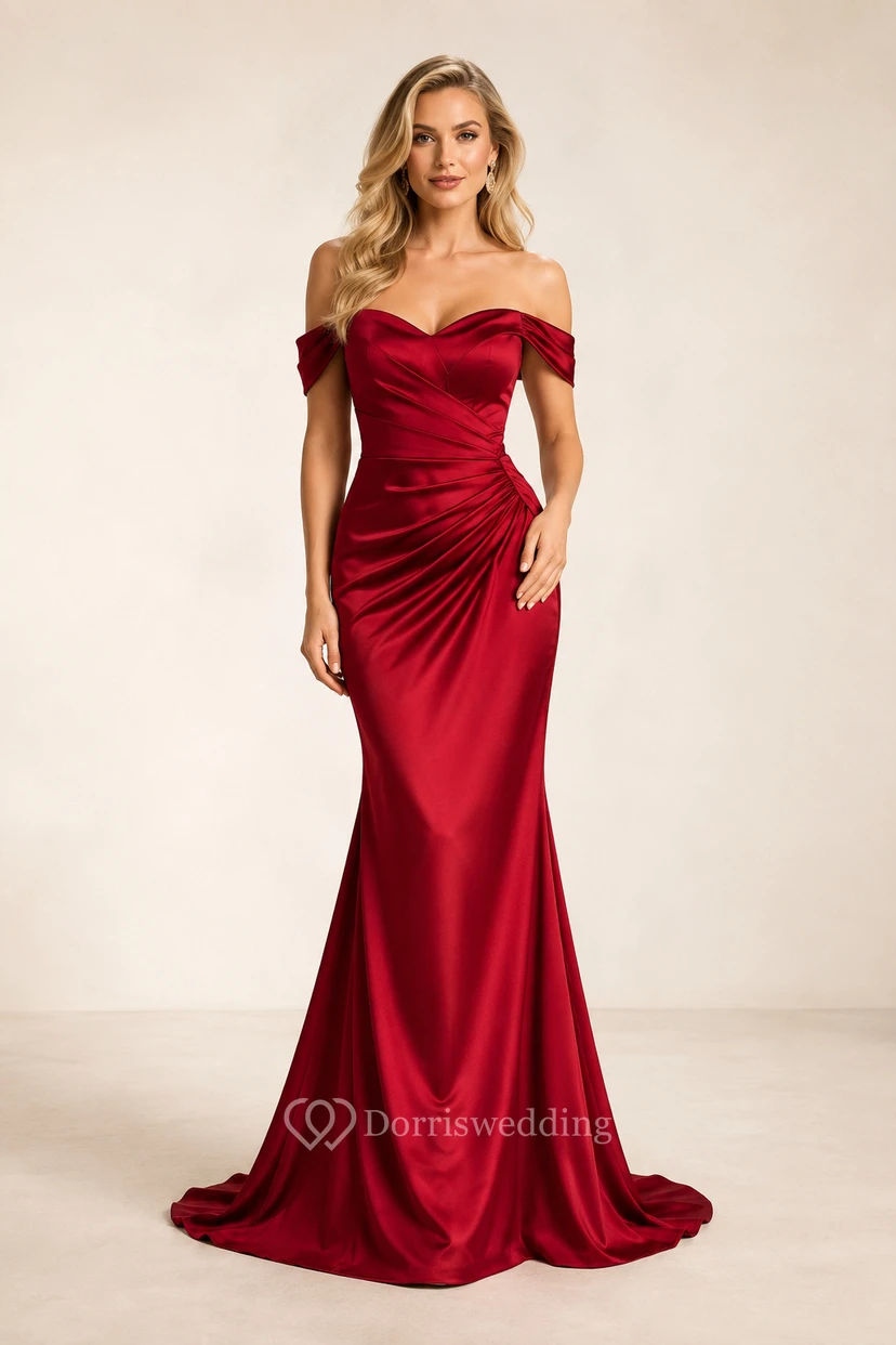 Evening Gown Red Satin Mermaid Off Shoulder Short Sleeve with Slit Sweep Train