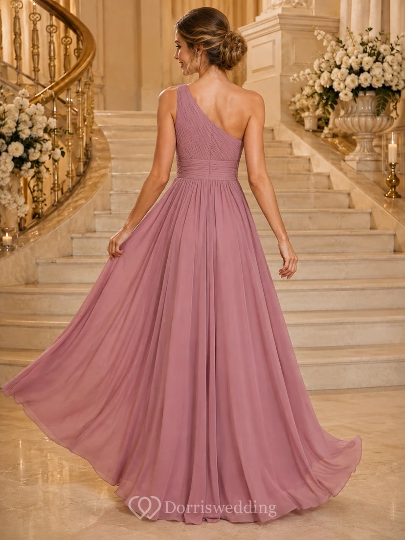 Dusty Rose Chiffon One-shoulder Sleeveless A-Line Evening Gown view 2