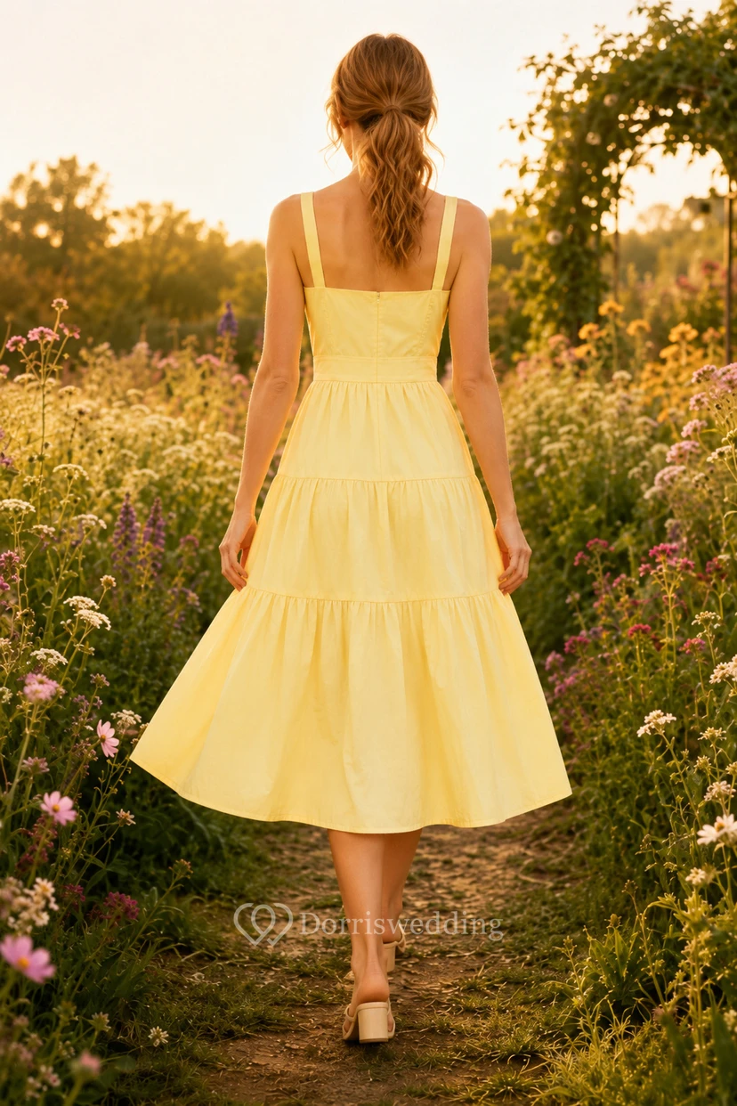 Vestido de invitada de boda color narciso, gasa, corte en A, escote cuadrado, sin mangas, largo midi. view 2