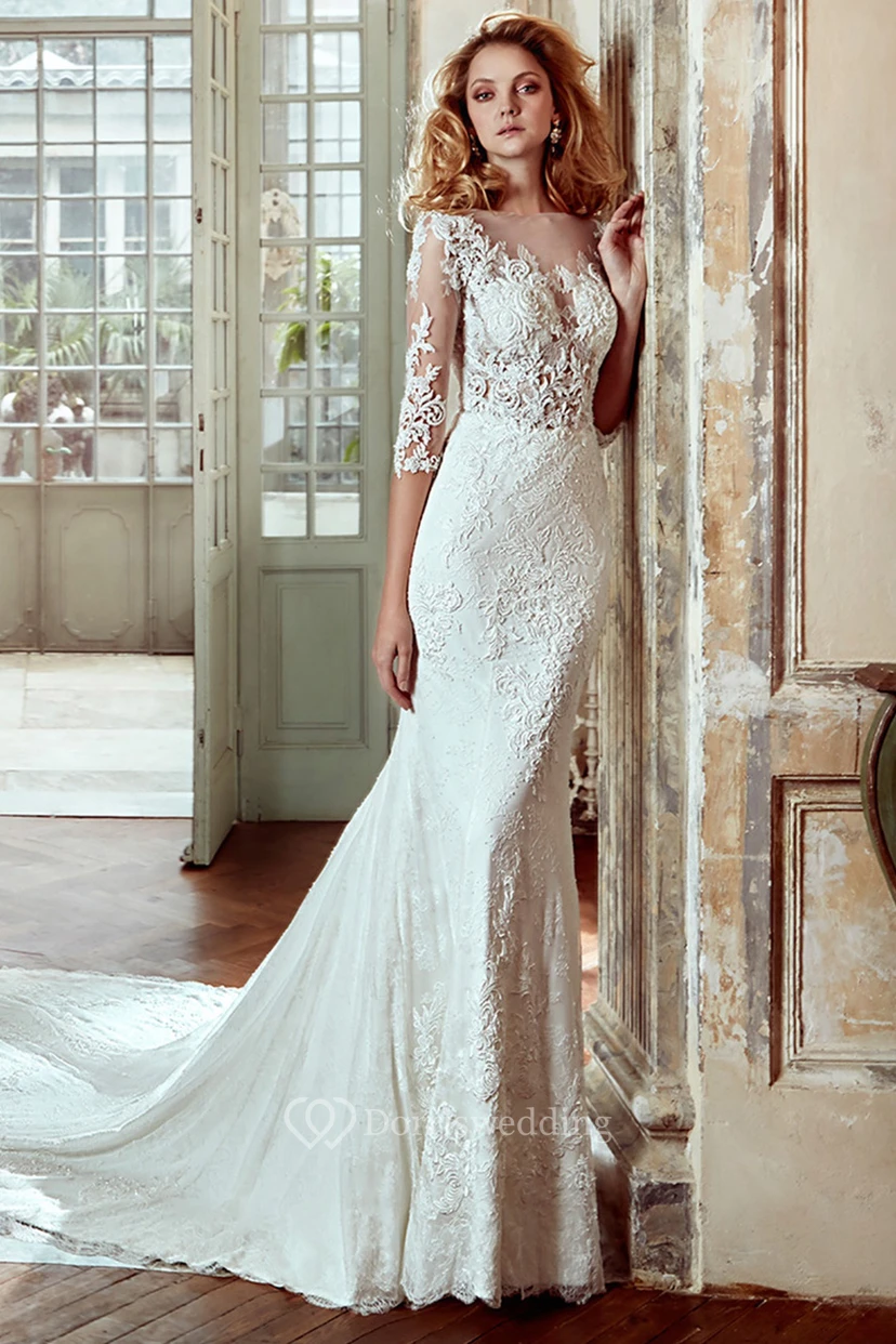 3-4-Sleeve Sheath Lace Wedding Dress With Court Train And Illusive Appliqued Bodice