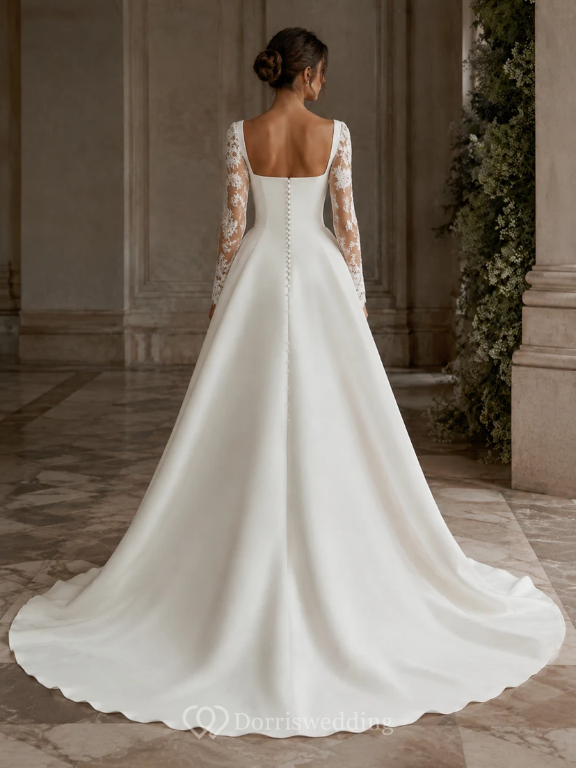 Langärmeliges Brautkleid im Meerjungfrauenstil aus Satin für ältere Bräute mit transparenten Spitzenärmeln view 2