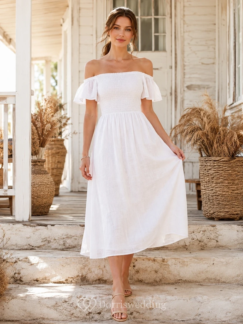 White Off-Shoulder Short Sleeve Knee-Length Linen A-Line Dress
