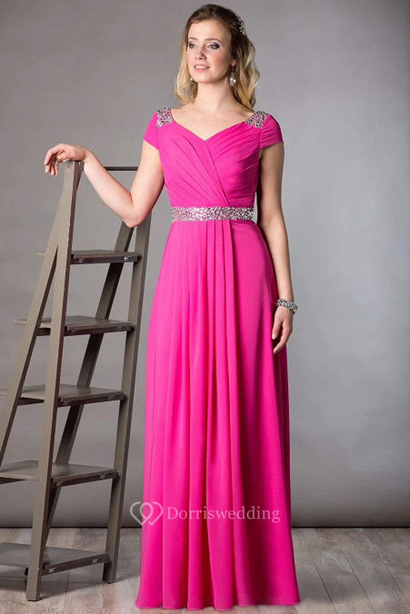 Cap Sleeve Chiffon Long Mother Of The Bride Dress With Crystal Waist And Lace Cowl Back