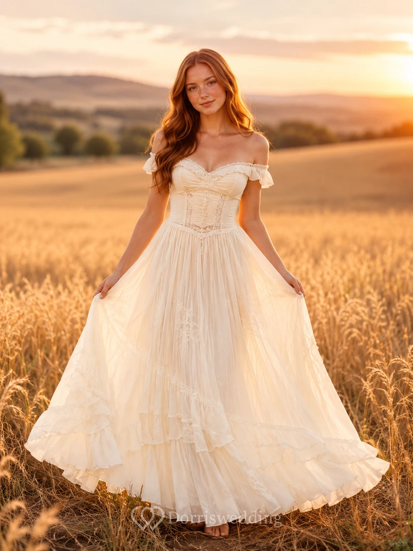 Pale off shoulder puff sleeve layered tulle maxi dress
