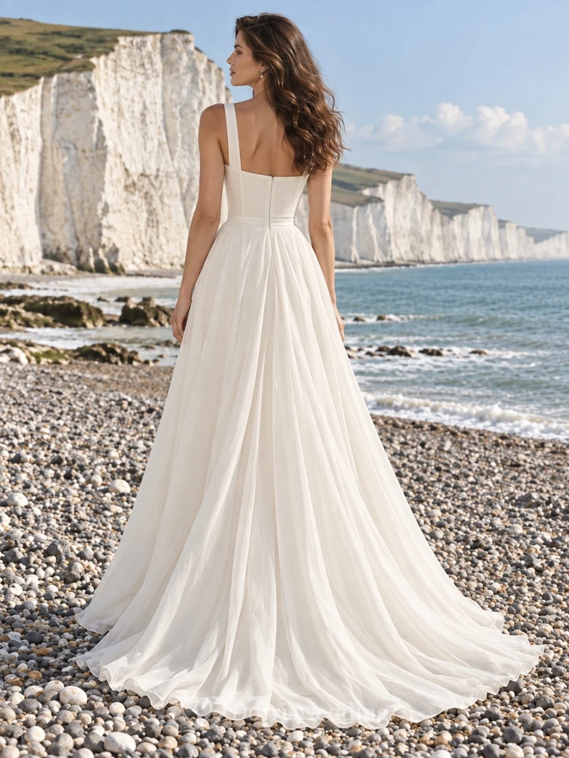 Vestido de novia sencillo de corte A, sin mangas, con escote cuadrado, de voile de algodón y cola larga. view 2