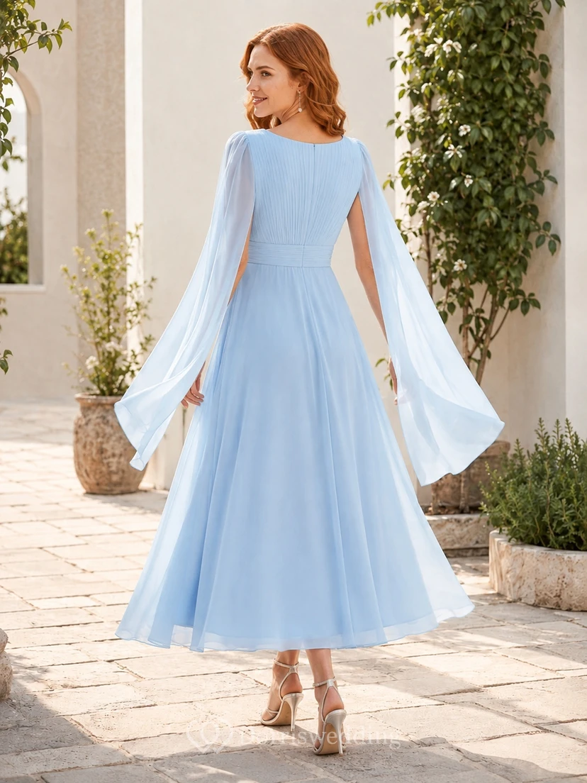 Elegantes himmelblaues Chiffonkleid mit V-Ausschnitt, Cape-Ärmeln, A-Linie und Teelänge – romantisches Gartenkleid view 2