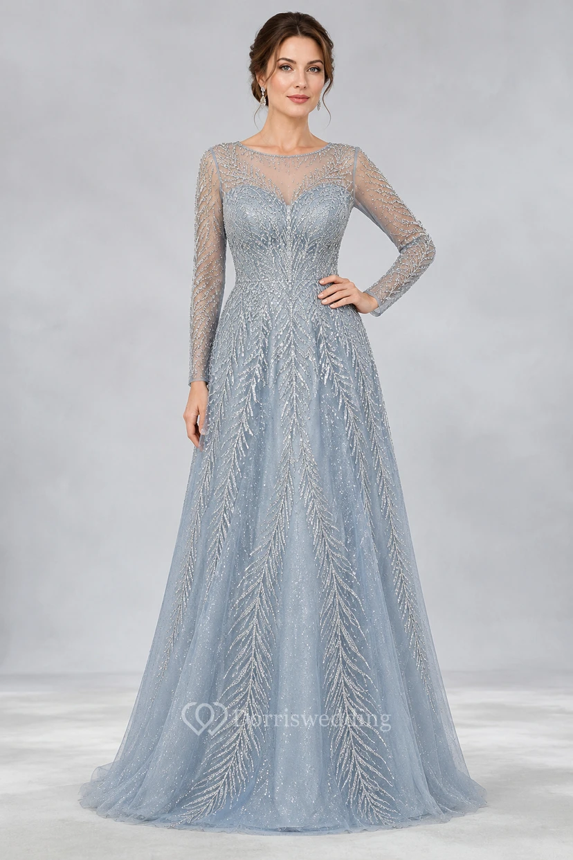 Robe de mère bleu acier à manches longues et coupe trapèze ornée de perles, idéale pour les événements formels et les occasions spéciales