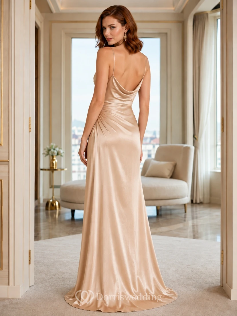 Champagne Cowl Neck Spaghetti Satin Sheath Floor-Length Split Backless Evening Dress view 2