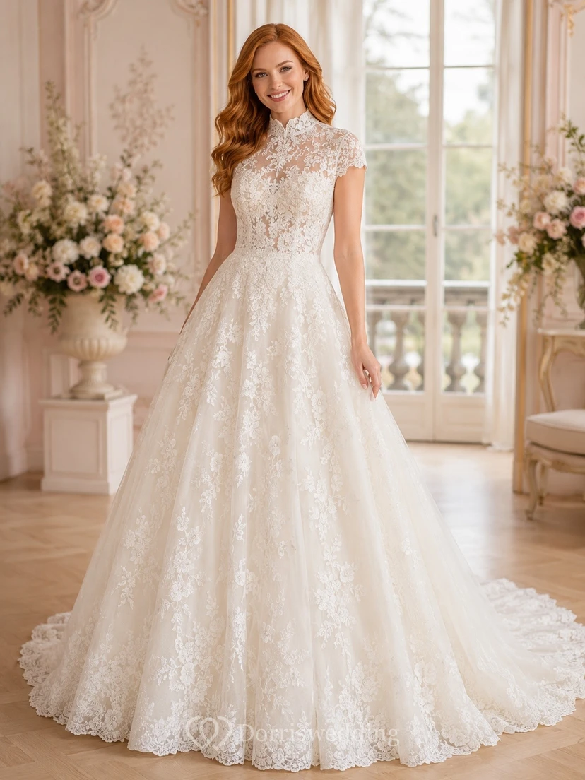 Vestido de novia de encaje con mangas cortas, cuello alto y corte en A, de estilo sencillo y estampado floral.