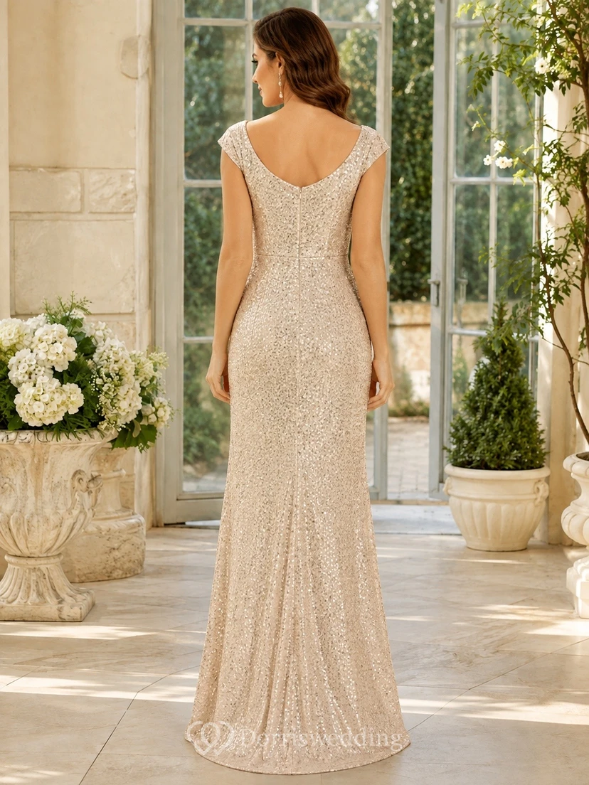 Champagne Sequin V-Neck Sleeveless Sheath Floor-length Formal Evening Dress view 2