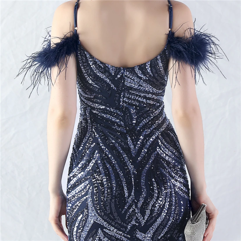 Crafted Ostrich Feather Stacked Sequins Splicing Mesh Gauze High-End Evening Dress Clothes view 47