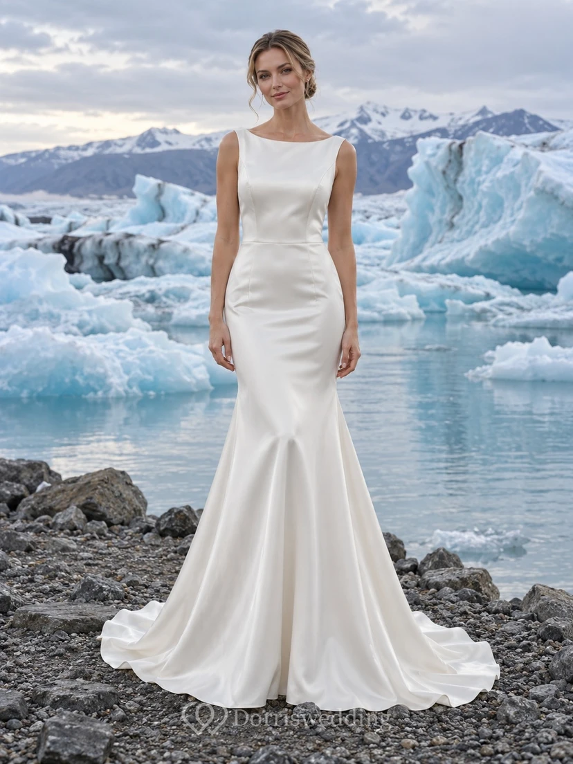 Sencillo vestido de novia de satén estilo sirena con escote barco y espalda en V sin mangas.