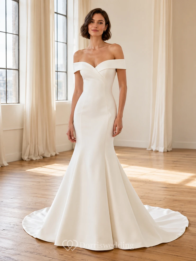 Robe de mariée sirène élégante en satin, décolleté en cœur, épaules dénudées et boutons, traîne chapelle