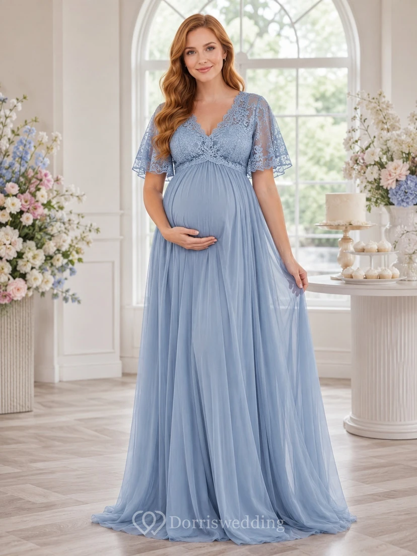 Robe de maternité romantique bleu ciel en mousseline de soie et dentelle, col en V, manches courtes, style empire, pour baby shower