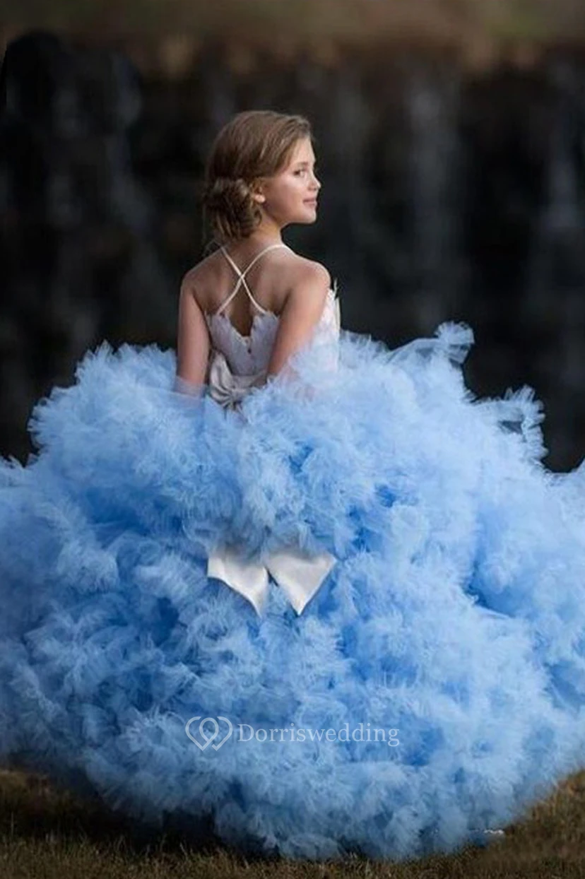Tulle Spaghetti Cross Back Sash Bow Ball Gown Flower Girl Bridal Dress view 2