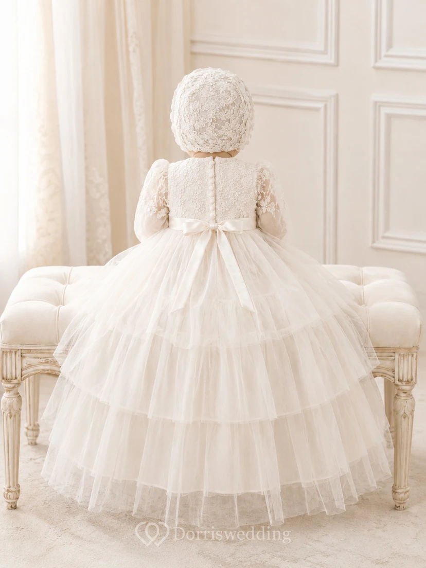 Lagen-Taufkleid aus Tüll in A-Linie mit langen Spitzenärmeln, romantischer Vintage-Stil, bezaubernde Juwelen-Langarm view 2