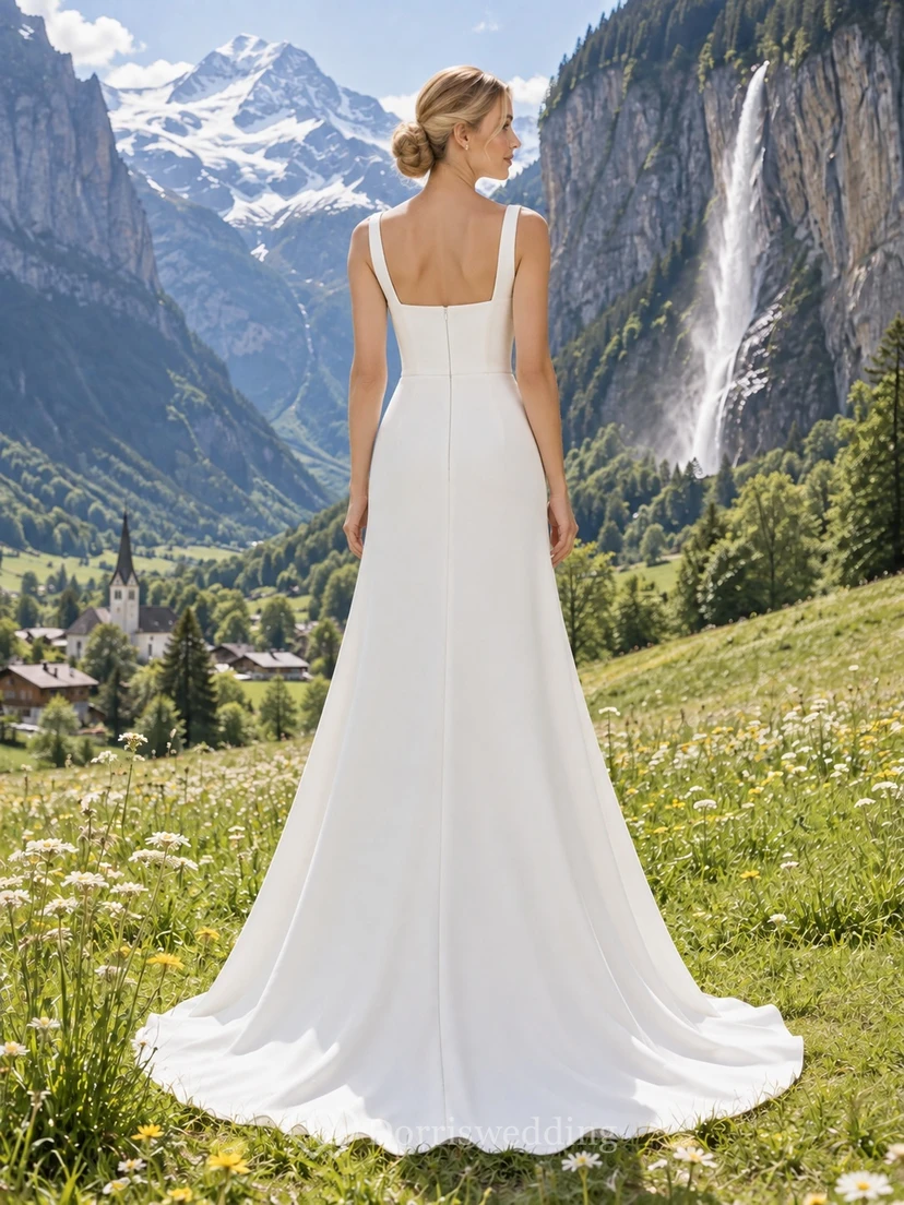 Vestido de novia sencillo de corte A con escote cuadrado, sin mangas y de crepé elástico con cola. view 2