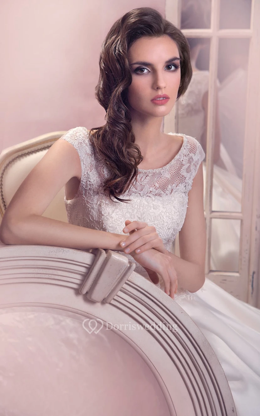 A-Line Long Bateau-Neck Cap-Sleeve Lace-Up Satin Dress With Bow And Pleatings view 3
