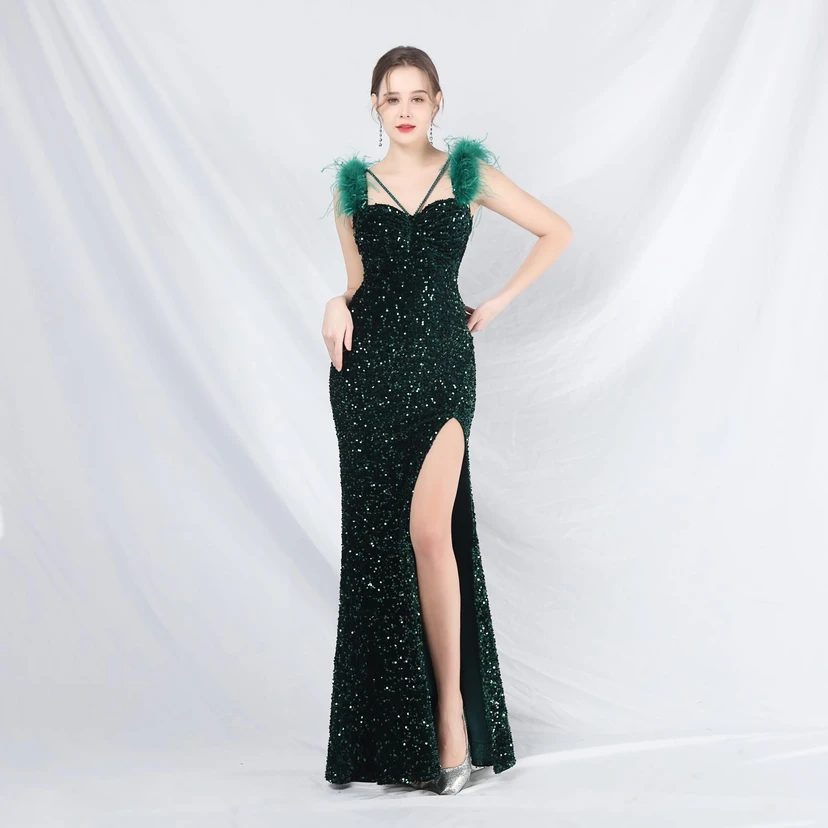 Craft Beaded Ostrich Feather Plush Sequined Long Evening Dress view 46