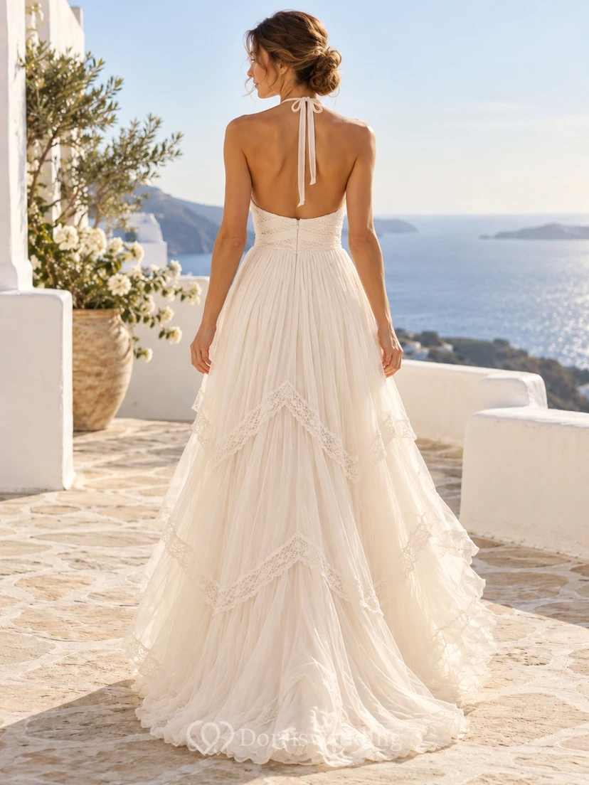 Boho Halter V-neck Tiered Lace Chiffon A-line Wedding Dress view 2