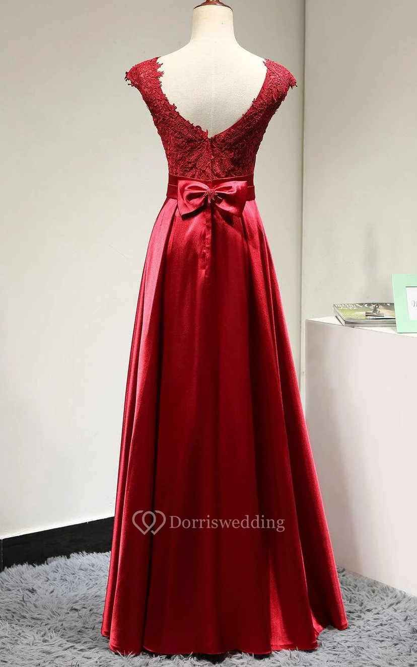 Scoop Neck Cap Sleeve Lace Bodice Satin A-line Long Dress With U Back view 2