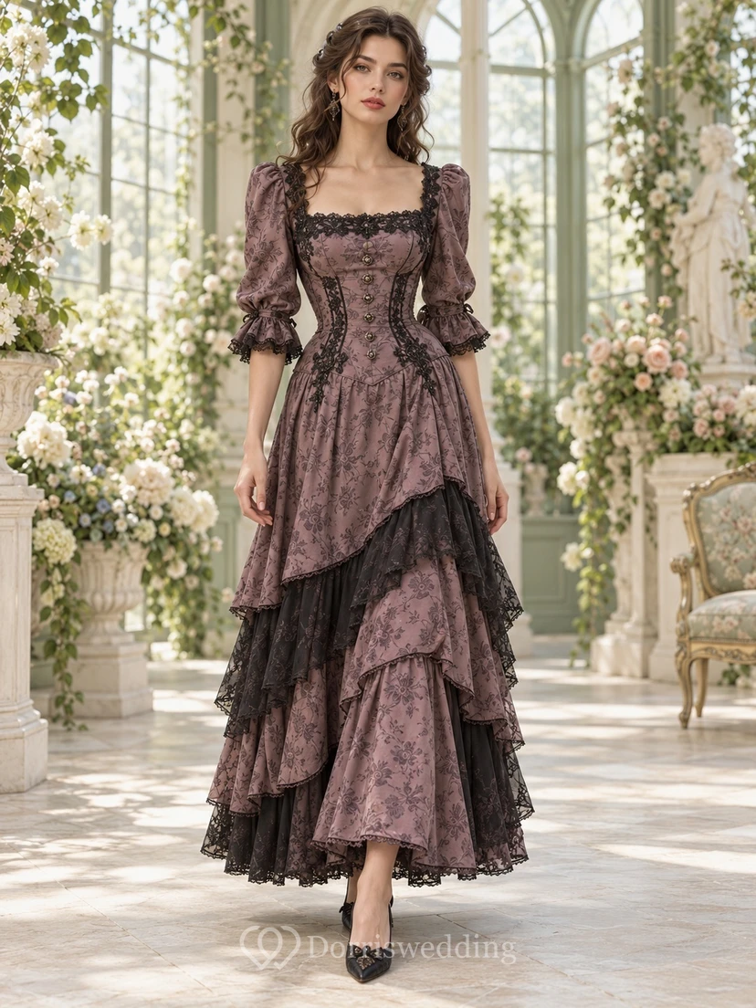 Gothic Victorian Mauve Square Neck Puff Sleeve Tiered Guest Dress