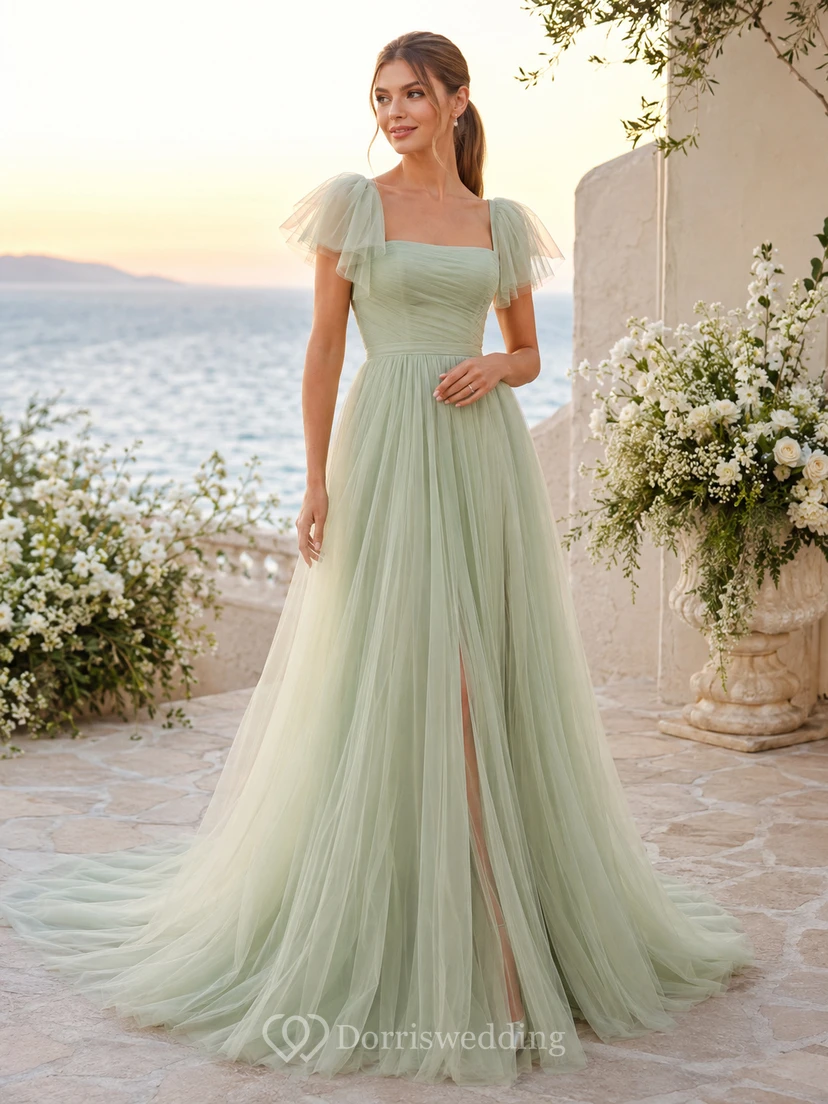 Robe de mariée trapèze en mousseline de soie, col carré, manches papillon et fente, couleur sauge
