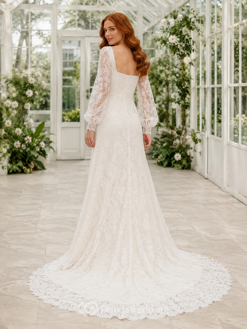 Modest Square Neck Lace Wedding Sheath Long Sleeve Chapel Train view 2
