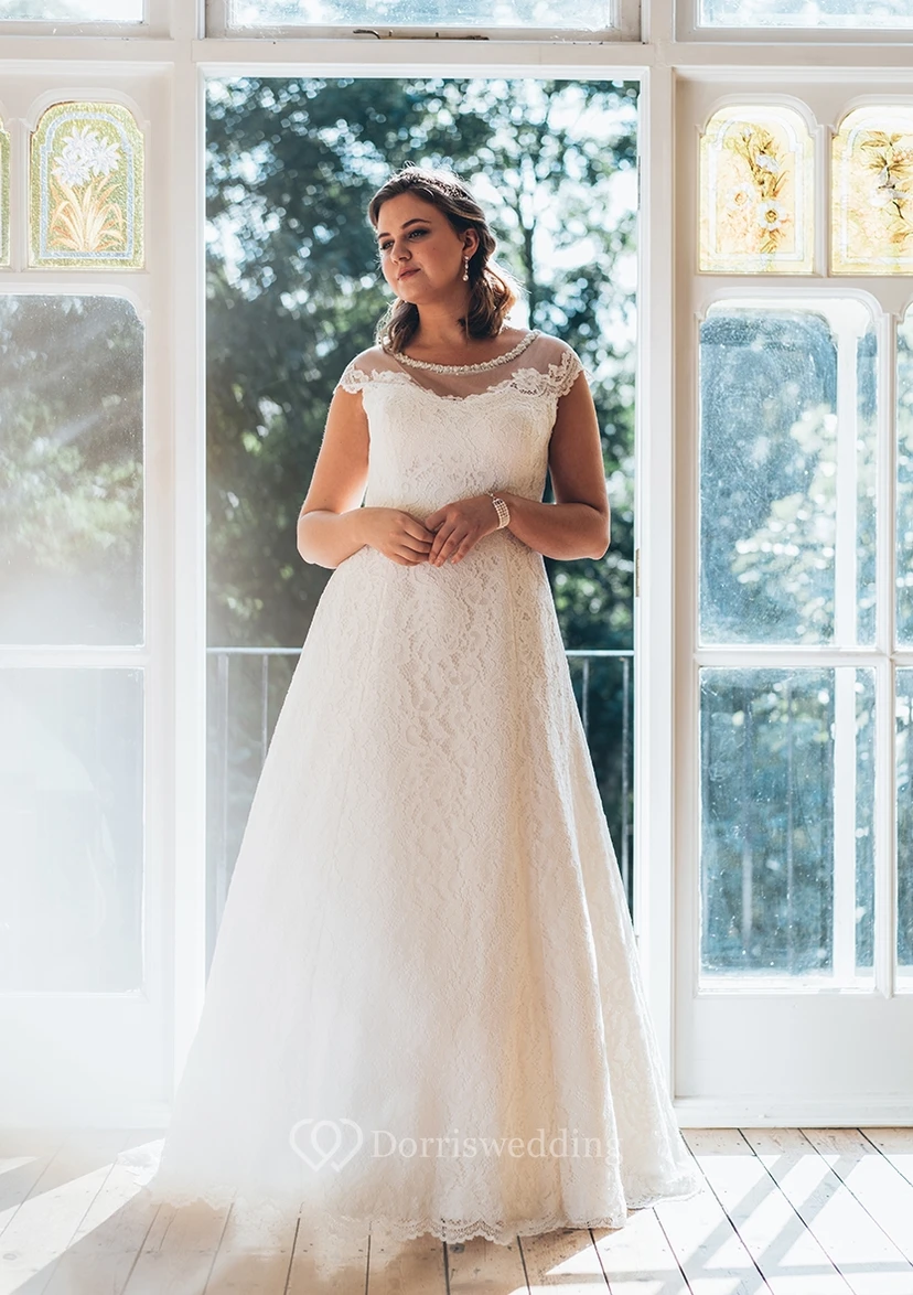 A-Line Floor-Length Bateau Neck Short Sleeve Lace Sweep Train Illusion  Dress view 2