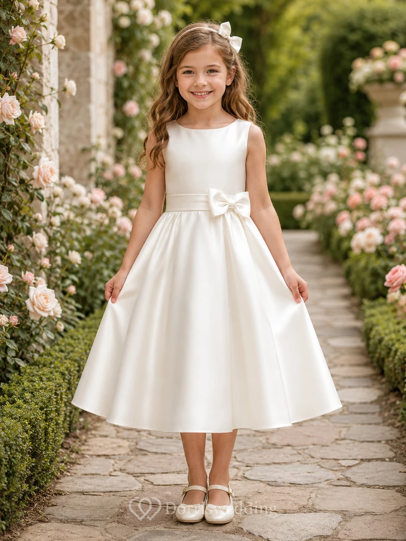 Robe élégante et simple de demoiselle d'honneur, longueur thé, coupe trapèze, nœud latéral en satin et col bijou.