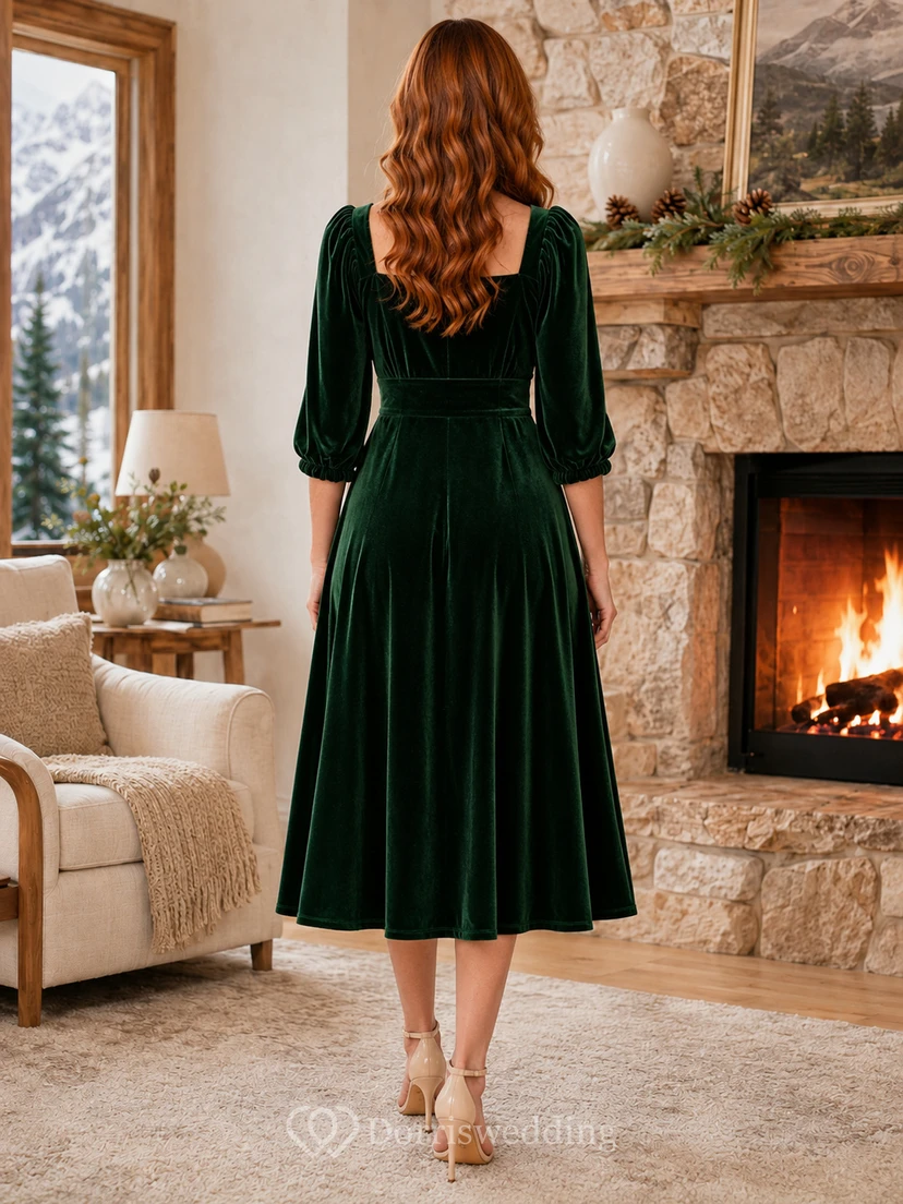 Waldgrünes Samtkleid in Lodge-Midi-Länge mit eckigem Ausschnitt und Puffärmeln view 2