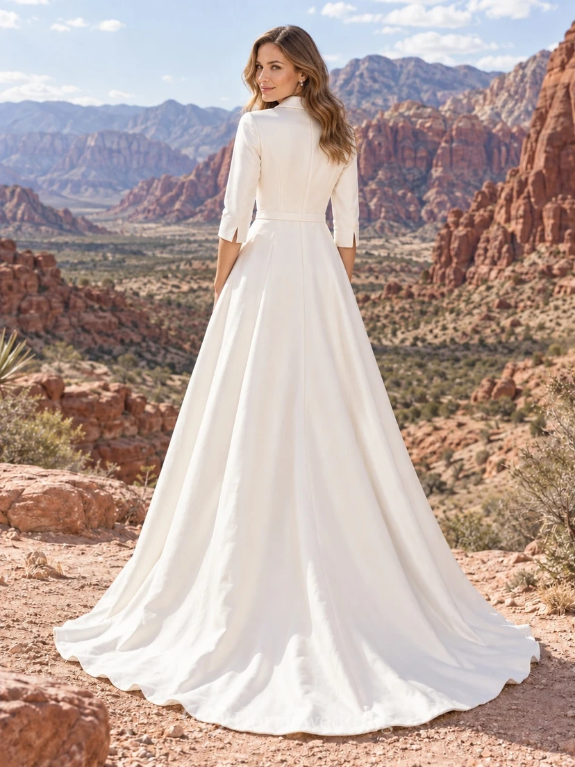 Vestido de novia sencillo de satén tejido con cuello, escote en V, manga tres cuartos y corte en A. view 2