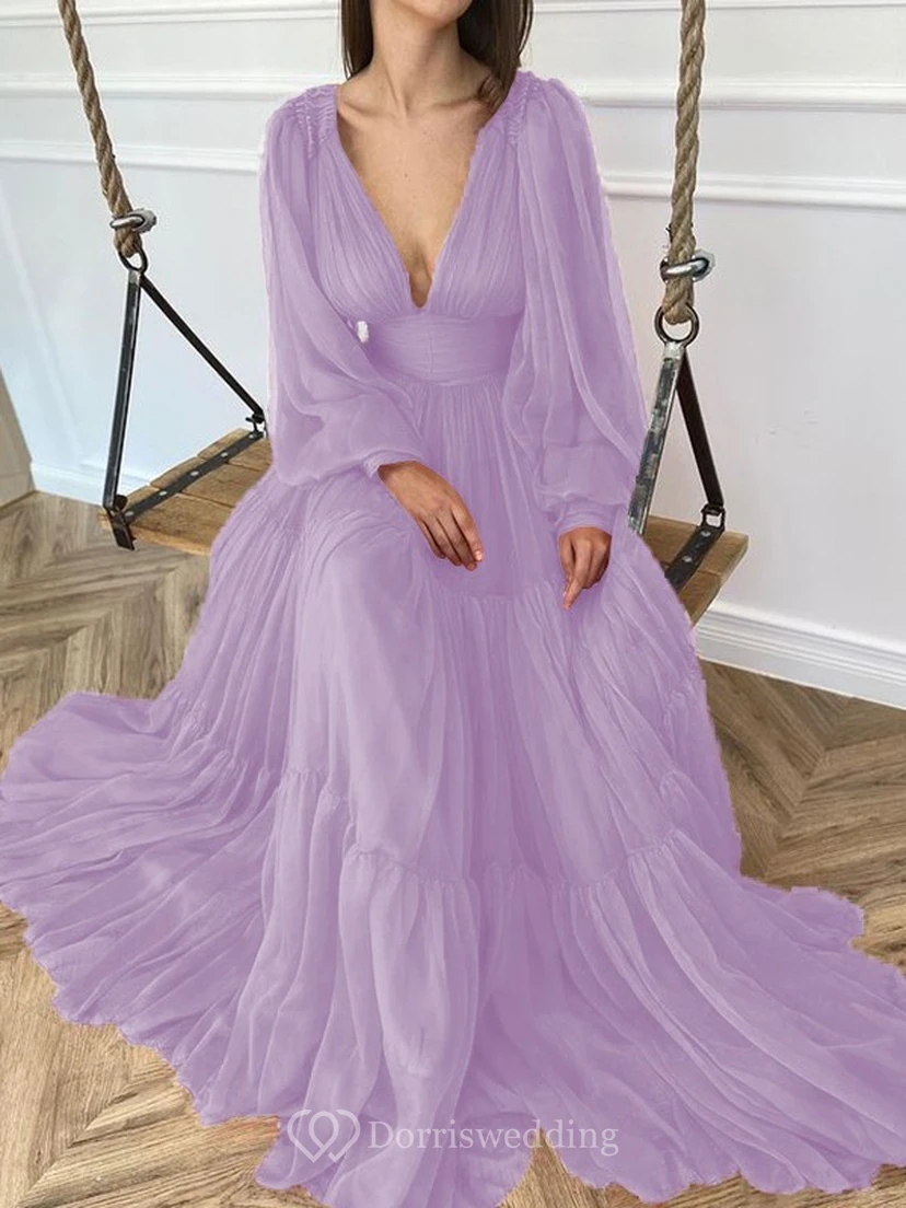 Sexy V-neck Puff Long Sleeve Chiffon Layered Empire Dress view 19