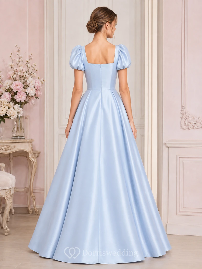 Elegante vestido de fiesta vintage de satén azul cielo con cuello cuadrado y mangas abullonadas, ideal para debutantes. view 2