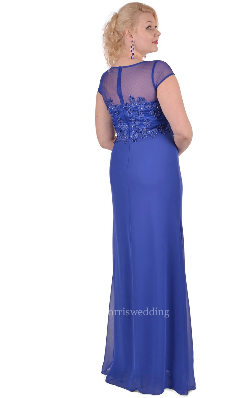 Sheath Floor-Length Jewel Short Sleeve Chiffon Appliques Zipper Dress view 2