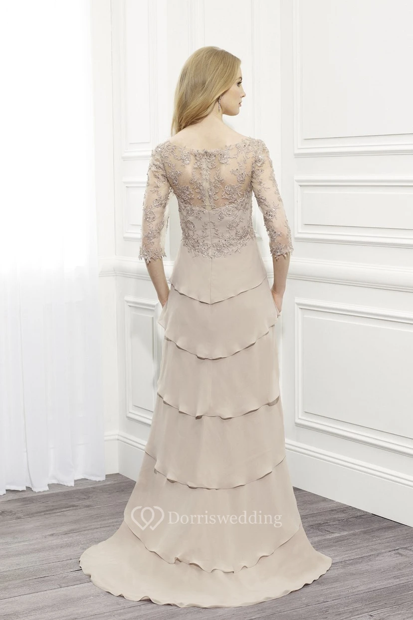 Floor-Length Scoop Neck Tiered Half Sleeve Chiffon Formal Dress view 2