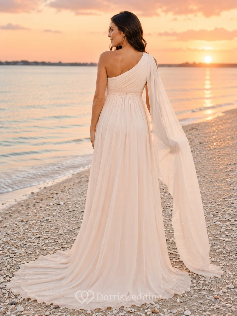 Vestido de novia de gasa drapeado de un solo hombro para la playa, estilo imperio, ideal para embarazadas. view 2
