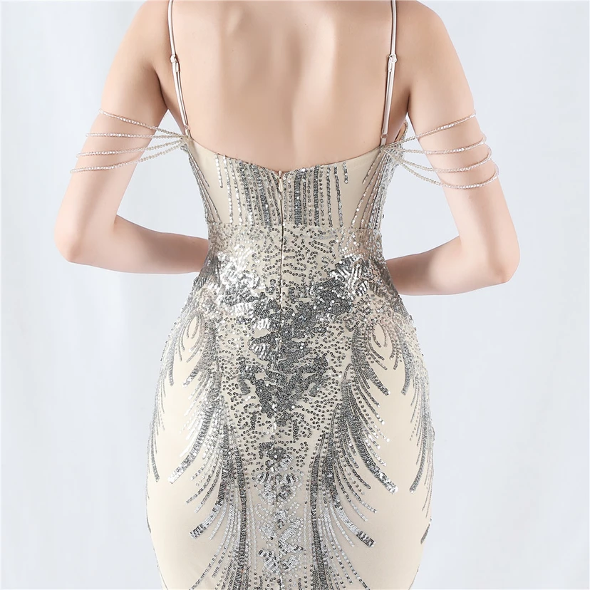 Waist-Reduced Fishbone Shaping Positioning Flower Sequined Anchor Sexy Beaded Suspender Evening Dress view 7
