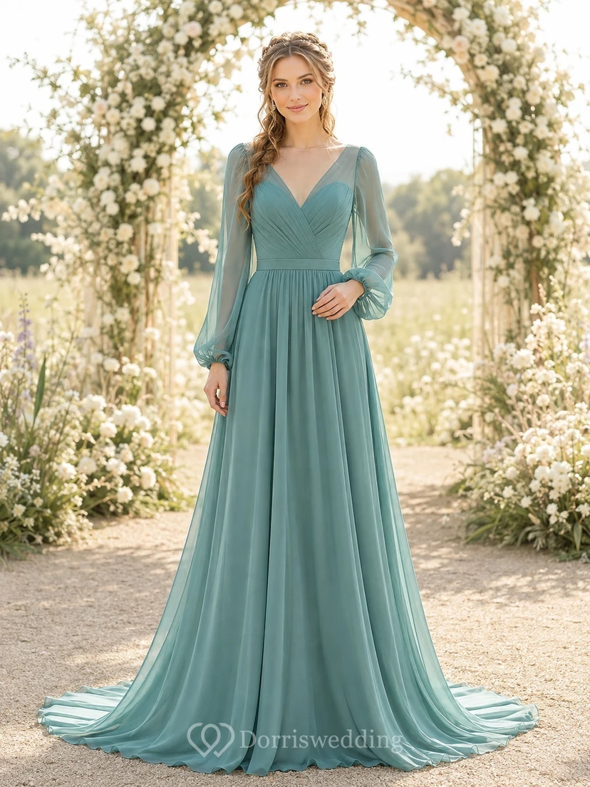 Türkisfarbenes, langärmeliges, romantisches Brautkleid aus Chiffon mit V-Ausschnitt, A-Linie und bodenlanger Silhouette