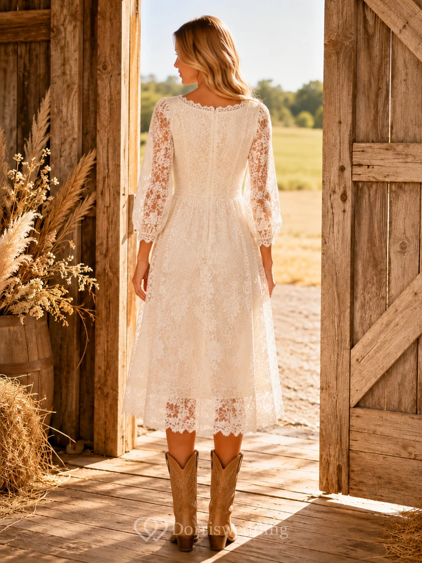 Robe de mariée midi ivoire à col en V et manches longues en dentelle style grange view 2